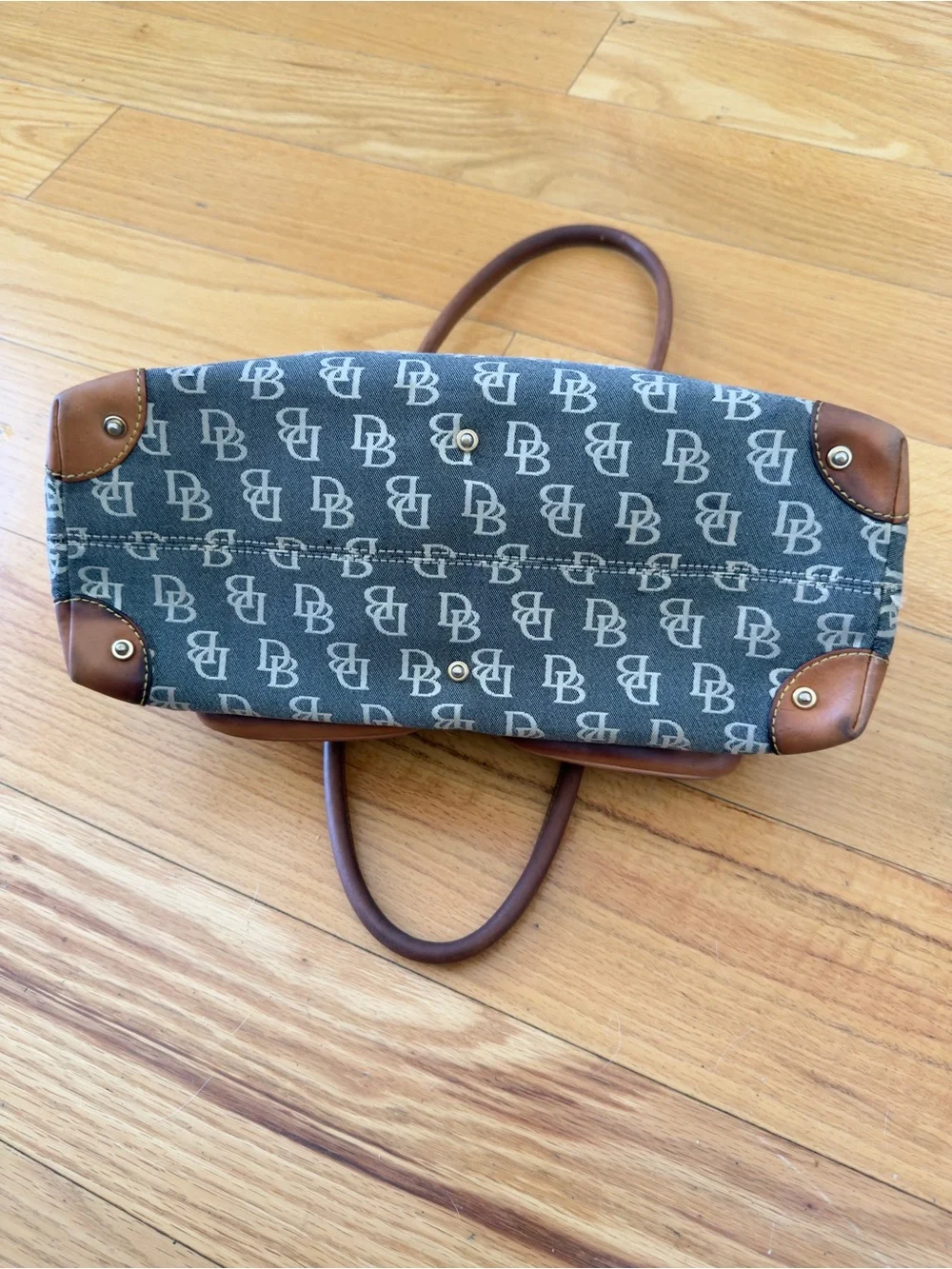 Vintage Dooney & Bourke Blue Monogram Canvas with Brown Leather Trim Satchel